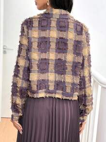 Modelyn Women's Turndown Collar Long Sleeve Button-Front Plaid Jacket, Casual Everyday Wear Fall Cloth For Women - Purple - View 2