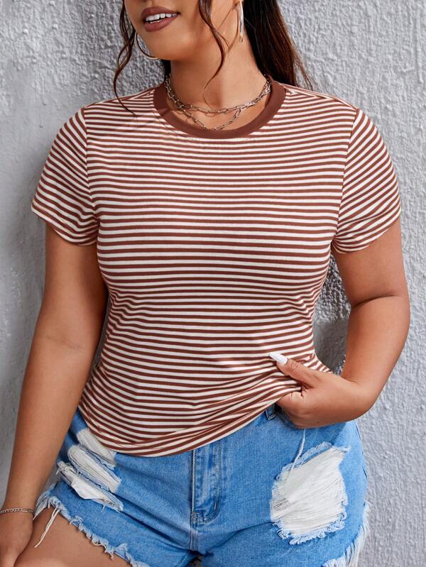 SHEIN EZwear Plus Size Round Neck Short Sleeve Fashionable Striped Fitted Charming And Elegant T-Shirt, For Summer