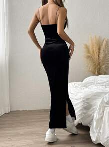 SHEIN EZwear 女式纯色细肩带开衩下摆简约休闲连衣裙 - 黑色 - 查看 2