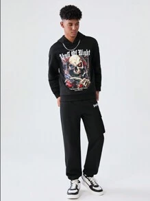 SHEIN Teen Boys Casual Skull Printed Hoodie Sweatshirt And Solid Color Sweatpants 2pcs Outfit, Suitable For Autumn And Winter - Black - View 5