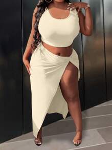 Slaydiva 2 件大码打结无袖上衣和开衩下摆裙子套装，夏季 - 杏色 - 查看 3