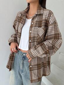 DAZY Women's Spring & Summer Plaid Pocket Loose Long Sleeve Blouse
