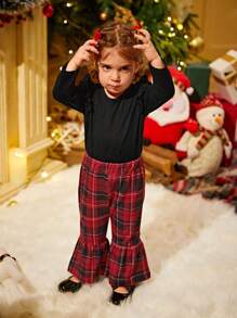 Set da abbigliamento natalizio per neonata con body a maniche lunghe nero e pantaloni a quadri rossi, collezione autunno/inverno