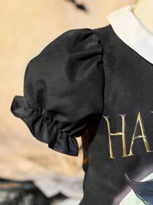 SHEIN 年轻女孩休闲优雅万圣节服装白衬衫领泡泡袖 A 字型黑色哥特风格南瓜哥特式印花连衣裙搭配印花黑色手提包，适合秋季、冬季、休闲、派对、生日、宴会、家庭聚会、万圣节 - 黑色 - 查看 4