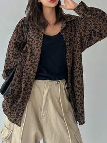 DAZY 女士灯芯绒常规领宽松衬衫猎豹纹印花 - 彩色 - 查看 1