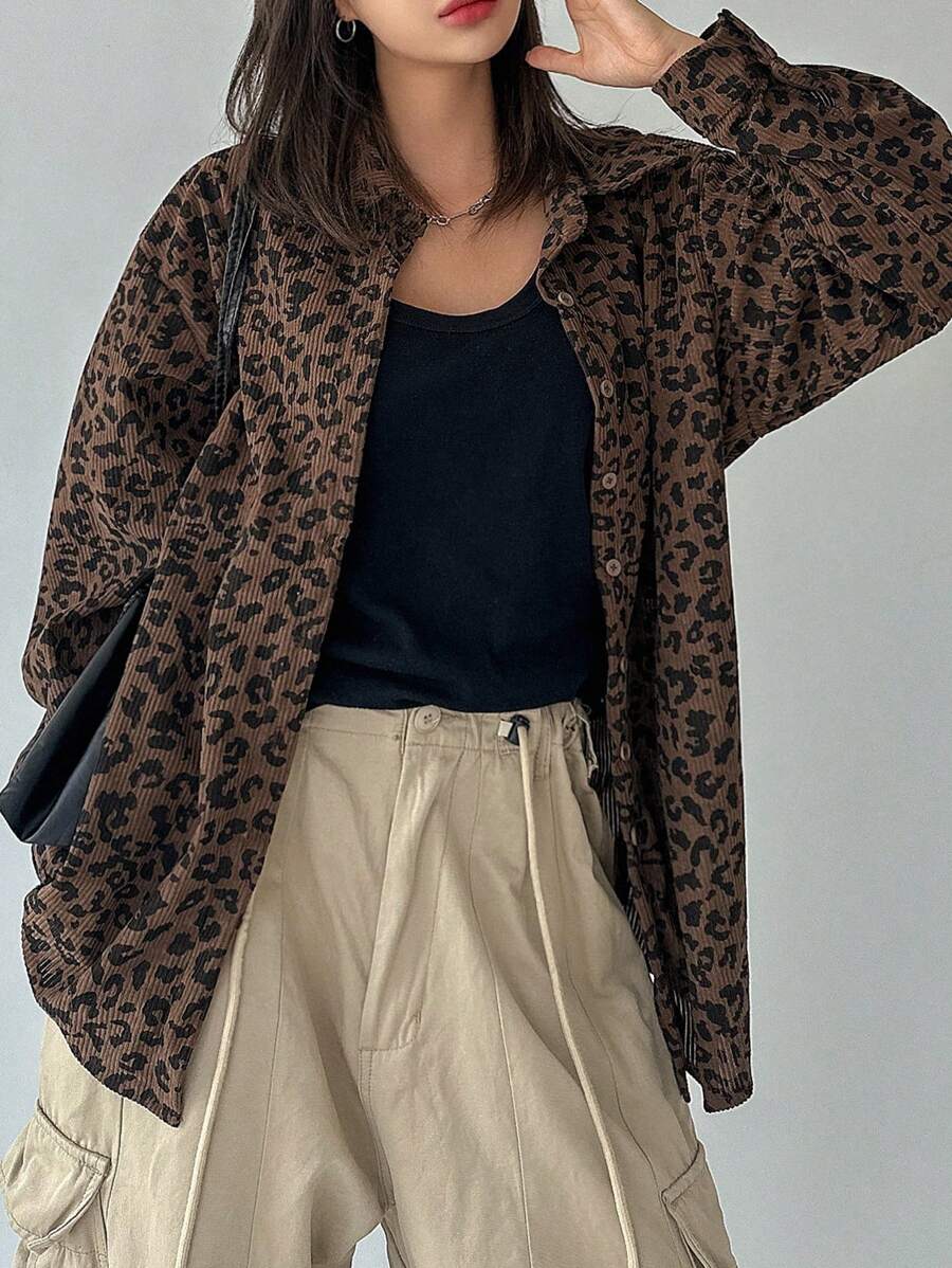 DAZY 女士灯芯绒常规领宽松衬衫猎豹纹印花 - 彩色 - 查看 1