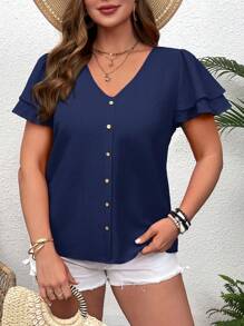 SHEIN VCAY Plus Size Vacation Double Layer Ruffle Trim V-Neck Short Sleeve Shirt - Navy Blue - View 6