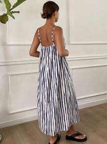 DAZY 女士细肩带露背条纹休闲舒适时尚连衣裙 - 藏蓝色 - 查看 2