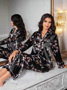 LuxeNights Faux Silk Floral Print Collared Long Sleeve Top & Pants Pajama Set, Fall Winter Clothes Cozy And Elegant Details - Black - View 5