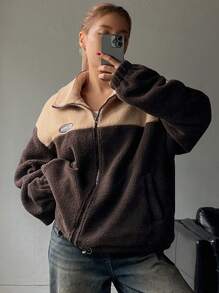 DAZY 女士拼色拼接宽松保暖夹克外套，冬季 - 棕色 - 查看 5