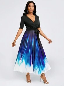 Plus Size Women's Elegant Tie-Knot Ombre Short Sleeve Dress, Autumn - Blue - View 5