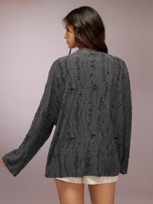 COSMINA Women's Crew Neck Long Sleeve Casual T-Shirt With Distressed Design, Loose And Comfortable - Dark Grey - View 4