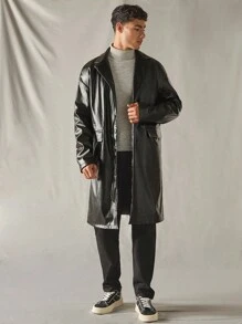 Manfinity VCAY 男士休闲宽松PU皮革风衣，长袖，秋冬装 - 黑色 - 查看 7