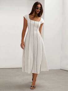 COSMINA Cream-Color Linen Blend Color Block Fitted Sleeveless A-Line Old Money Style Elegant Dress For Women, Spring/FAll,Sun Dress,Summer Dresses For Women