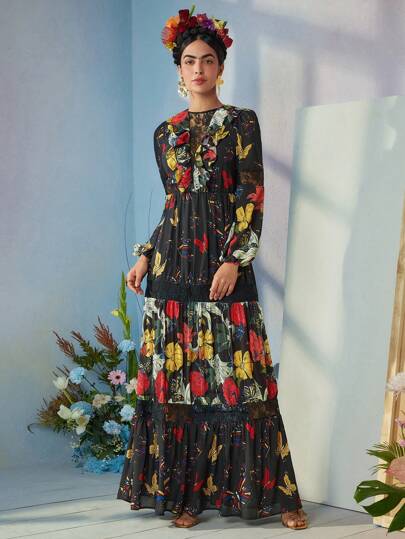 ISELACOS Frida Kahlo X SHEIN X Designer Boho Bohemian Contrast Lace Floral Printed Lantern Sleeve Dress, Holiday, Party, Thanksgiving, Vacation, Spring, Festival