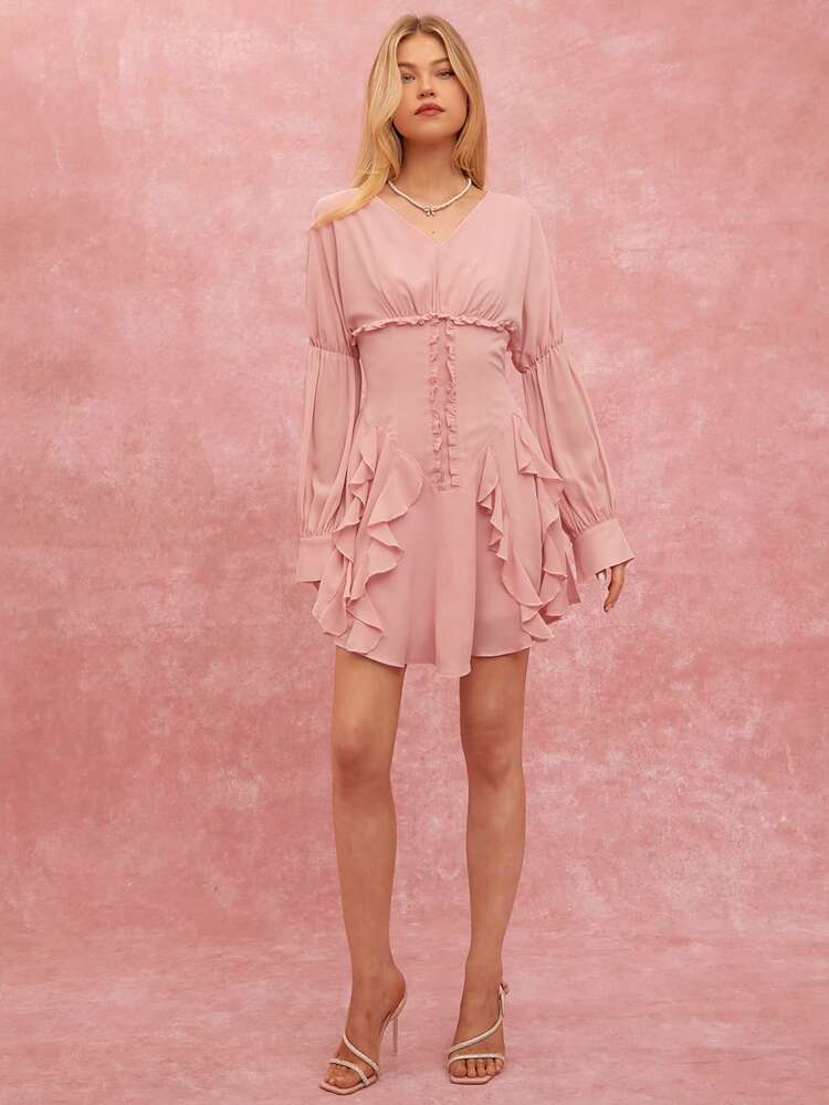 Women's Solid Color V-Neck Long Sleeve Ruffle Hem Mini Casual Dress