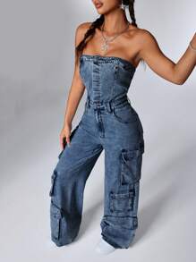 SHEIN ICON Bộ đồ liền thân denim không tay cho nữ - Rửa tối - Xem 7