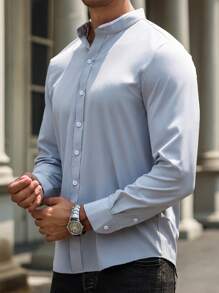 Manfinity Homme Men's Plain Front Button Long Sleeve Stand Collar Shirt - Light Grey - View 7