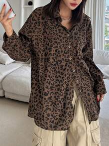 DAZY 女士灯芯绒常规领宽松衬衫猎豹纹印花 - 彩色 - 查看 3