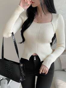 DAZY Women's Solid Color Simple Fitted Long Sleeve Sweater, Casual Daily Wear