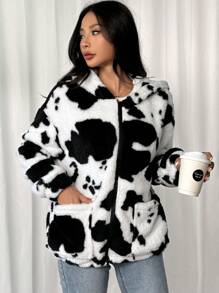 SHEIN EZwear Women Regular Length Two-Sided Fleece Cow Print Jacket In Fall/Winter - Black and White - View 7