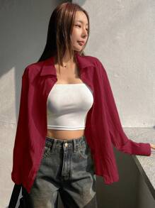 女士纯色纽扣长袖休闲衬衫 - 酒紅色 - 查看 4