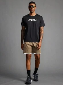 Acti Log 男友风男士抽绳字母印花时尚户外休闲运动短裤返校健身服徒步运动裤 - 卡其色 - 查看 4