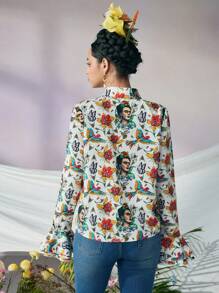Frida Kahlo X SHEIN Women's Elegant Floral Print Ruffle Trim White Long Sleeve Top ,Fall Vintage Button Up Shirt - Multicolor - View 2