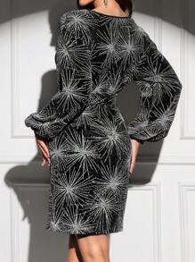 SHEIN Clasi Women's Elegant Foil Embellished Round Neck Belted Long Sleeve Dress Fall Wedding Guest Dress - Silver - View 2