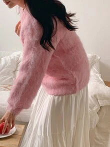 DAZY Women's V-Neck Oversized Fleece Long Sleeve Sweater,Fall Women Clothes - Pink - View 4