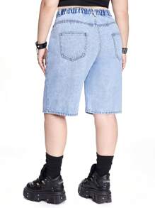 ROMWE Grunge Punk 大码简约印花休闲短裤 - 淺色水洗藍 - 查看 6