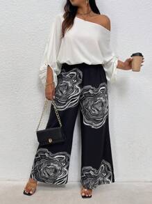 SHEIN Privé Plus Size Summer Casual/Work Commuting Chic Plain Cold Shoulder Jumpsuit For Women With Graphic Print - White - View 1