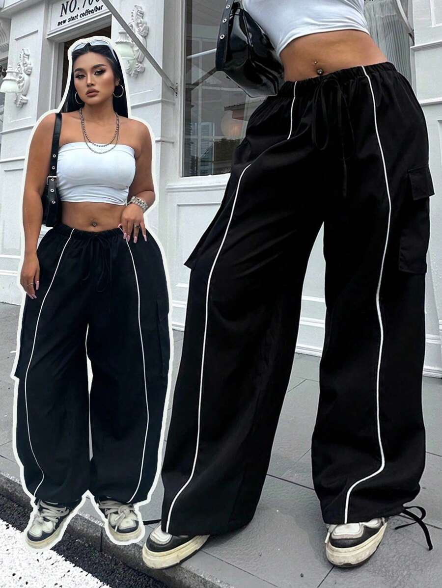 Vibekara Plus Size Women Elastic Waist Drawstring Cargo Pants With Hem Embellishment Fall Cloth For Women - Black - View 1