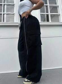 Vibekara Plus Size Women Elastic Waist Drawstring Cargo Pants With Hem Embellishment Fall Cloth For Women - Black - View 7