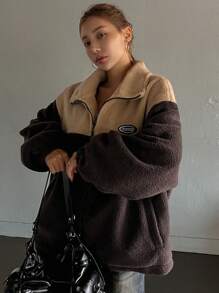 DAZY 女士拼色拼接宽松保暖夹克外套，冬季 - 棕色 - 查看 6