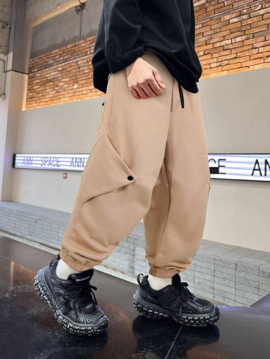 青少年男孩宽松纯色拼接简约时尚韩版别致 3D 时尚休闲哈伦裤 - 卡其色 - 查看 1
