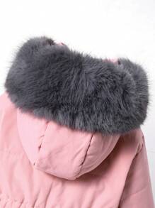 Young Girls Fluffy Collar Pink Windproof Mid-Length Coat - Pink - View 5