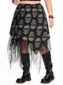 ROMWE Grunge Punk Plus Size Women's Asymmetrical Hem Punk Skeleton Print Mesh Skirt, Halloween - Black - View 1