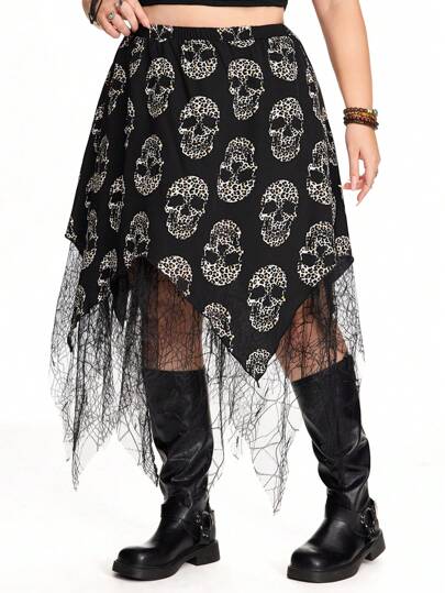 Grunge Punk Gonna asimmetrica a rete con stampa scheletro punk, taglia curvy, per Ognissanti