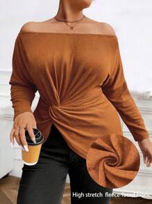 Calvaya Plus Size Off Shoulder Twist Knot Casual Plain T-Shirt For Spring & Autumn - Coffee Brown - View 6
