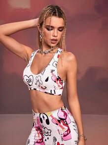Designer Cartoon Printed Cross Back Straps Tank Top, Holiday, Going Out, Festival
