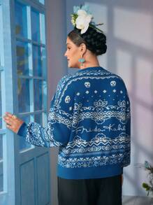 Frida Kahlo X SHEIN Suéter de punto clásico azul de cuello redondo suelto y suave en talla grande - Azul - Ver 2
