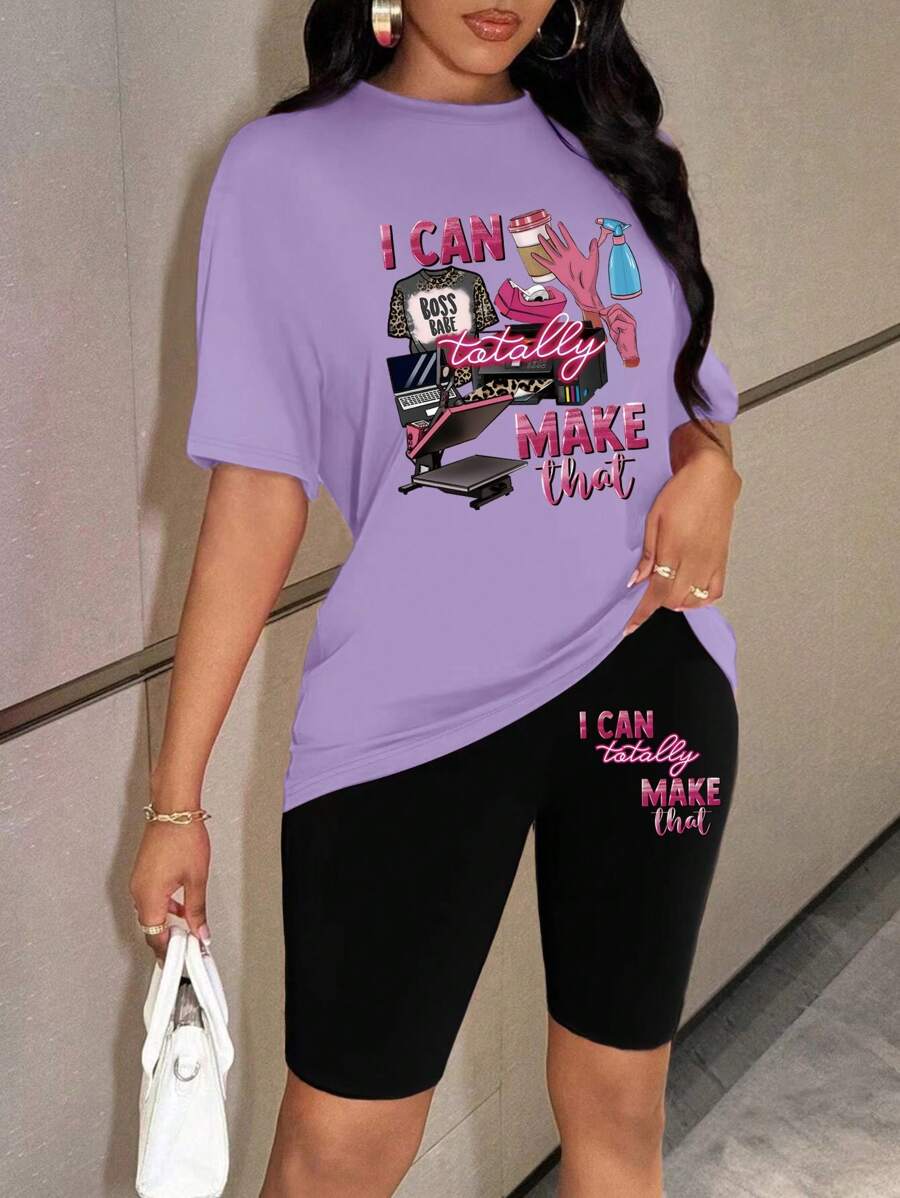 INAWLY Bộ 2 món áo thun tay ngắn in hình cánh dơi và quần legging thường ngày rộng rãi cho nữ mùa hè - Màu tím - Xem 1