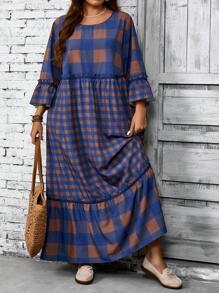 EMERY ROSE Plus Size Women Plaid Patchwork Long Dress, Fall - Multicolor - View 3