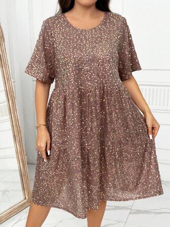 SHEIN Clasi Plus Size Women Sequin Round Neck Short Sleeve Loose Casual Doll Dress