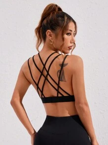 Easithlete Áo ngực thể thao dây mảnh màu trơn khoét rỗng đơn giản cho nữ, mặc thường ngày - màu đen - Xem 1