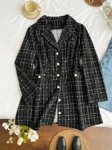 SHEIN Privé 大码女式仿珍珠纽扣装饰长袖夹克 - 黑與白 - 查看 9
