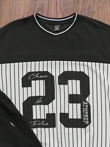 Manfinity VCAY 男士宽松数码印花 V 领针织短袖平纹 T 恤和短裤套装，适合夏季、返校