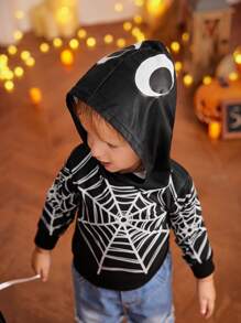 Babyjongens schattige Halloween Spinnenweb Print Hoodie met Oogpatroon, Lange Mouw Sweatshirt voor Fotografie, Feest, Casual, Geschikt voor Herfst & Winter