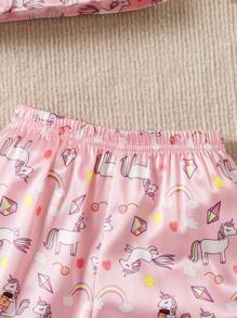Conjunto de 2 peças de calças casuais e blusa de cetim com estampa de unicórnio para meninas
